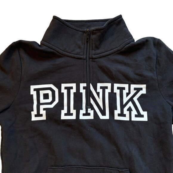 PINK 3/4 Zip Pullover Sweatshirt Sweater Black Front Pocket Size Small - Picture 2 of 6